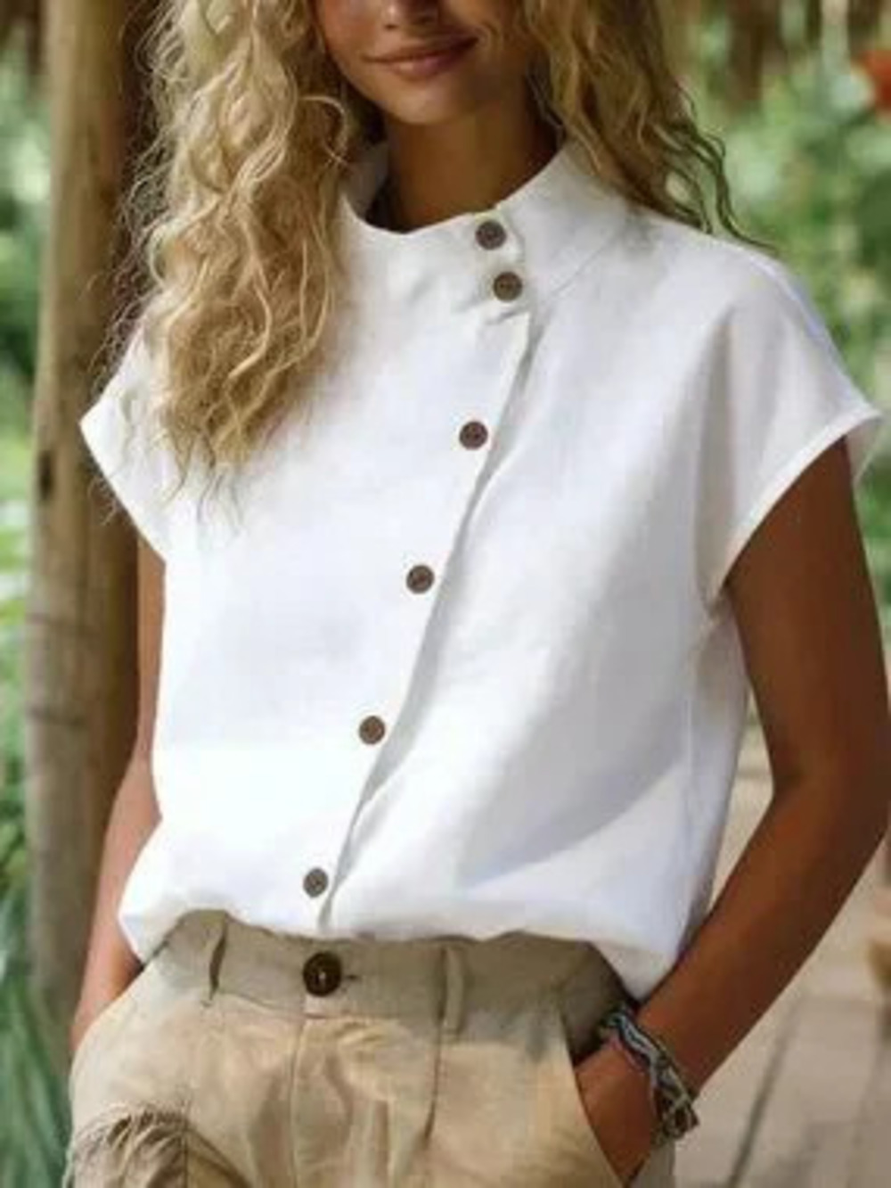 ZARA Women's Stand Collar Shirt,Short Sleeve Tops